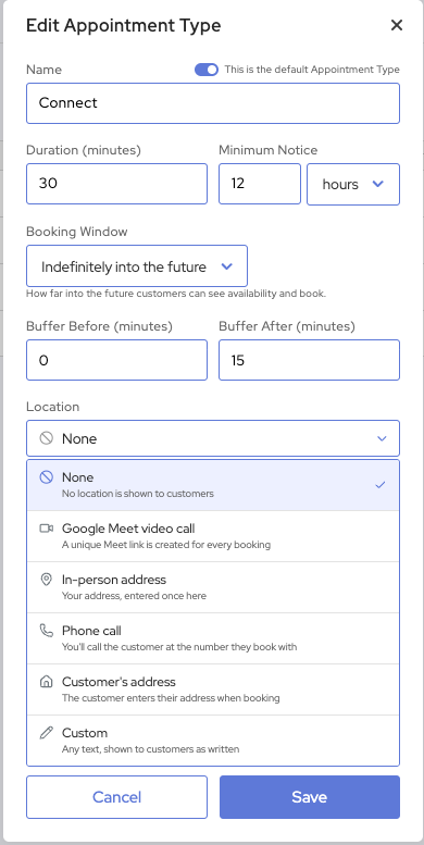 Edit Appointment Type window in SMS Reminder with the Location menu open, listing six options: None, Google Meet video call, In-person address, Phone call, Customer’s address and Custom