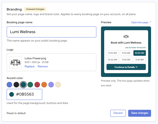 Branding settings in SMS Reminder: an uploaded lotus logo, a row of preset colour swatches with dark teal selected, the hex code #0B5563, and a live preview of the booking page in that colour
