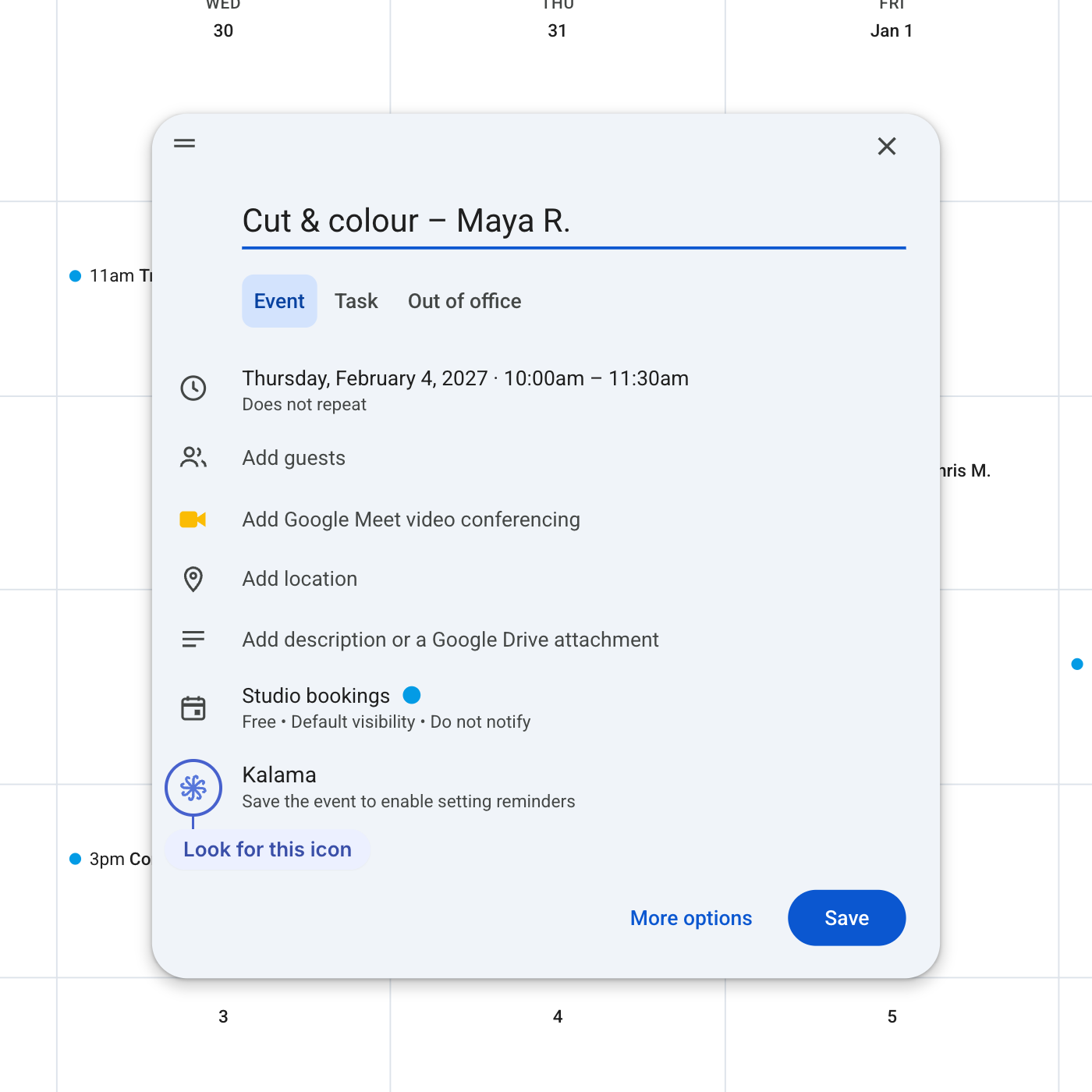 The Google Calendar event window, with the Kalama icon circled on the reminder line.